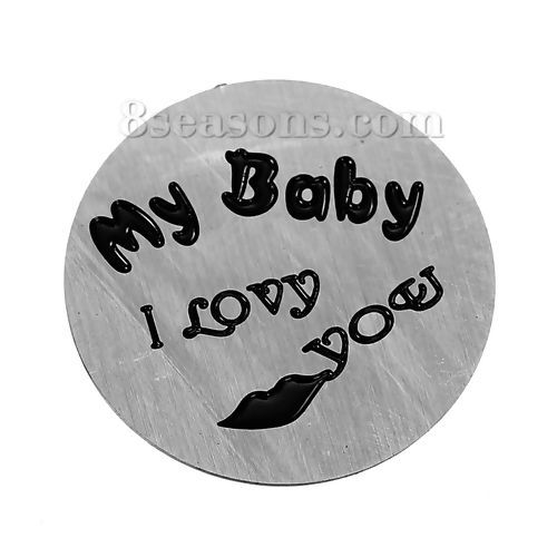 Bild von Zinklegierung Floating Platte Für Glas Medaillion Rund Silberfarbe Message Geschnitzt " My Baby I Love You " 21mm D., 2 Stücke