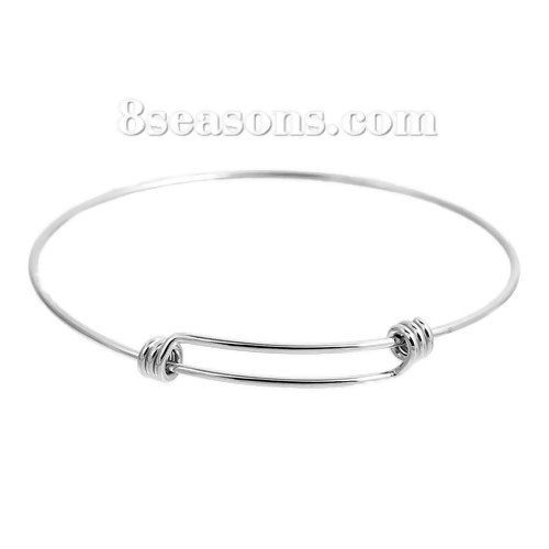 Picture of 304 Stainless Steel Expandable Charm Bangles Bracelets Double Bar Round Silver Tone 21cm(8 2/8") long, 1 Piece
