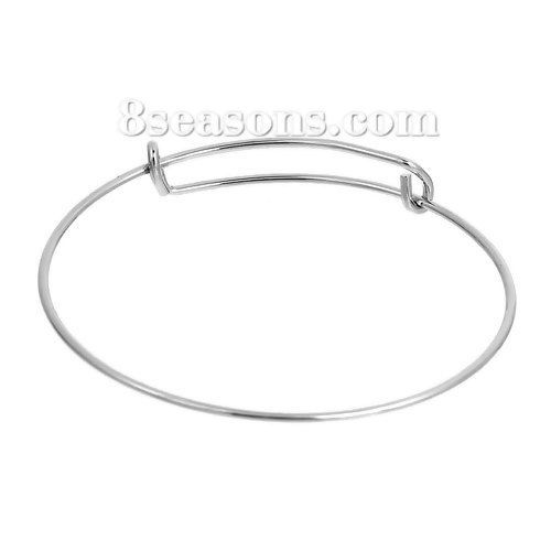 Picture of 304 Stainless Steel Expandable Charm Bangles Bracelets Double Bar Round Silver Tone 21.5cm(8 4/8") long, 1 Piece