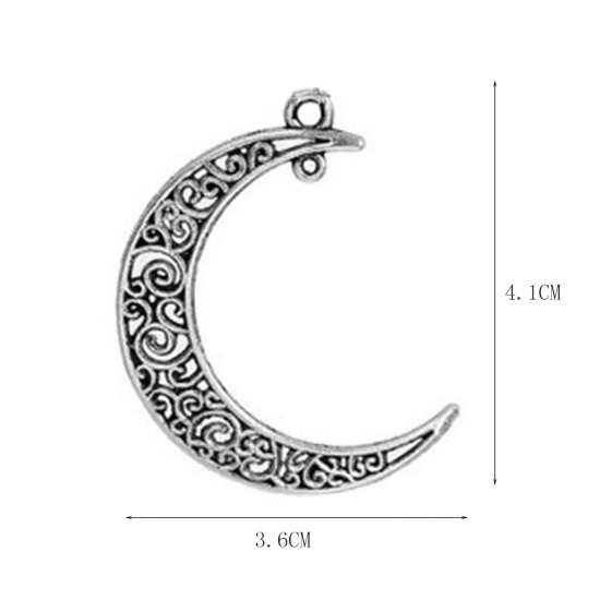 Image de Pendentif en Alliage de Zinc Demi Lune Creux Argent Vieilli 4.1cm x 3.6cm, 20 Pcs