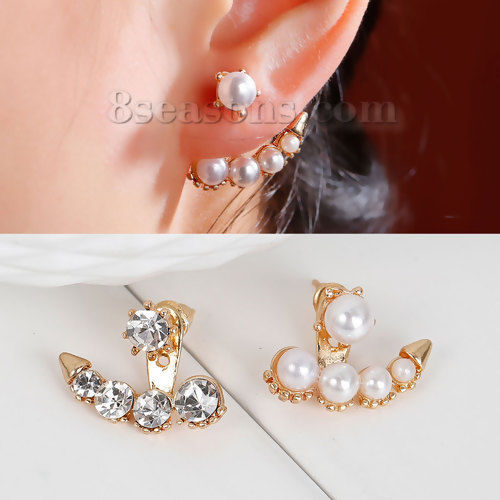 Picture of Copper Ear Jacket Studs Earrings Arrow Gold Plated White Acrylic Pearl Imitation Clear Rhinestone W/ Stoppers 8mm x7mm( 3/8" x 2/8") 5mm x5mm( 2/8" x 2/8"), Post/ Wire Size: (21 gauge), 1 Pair