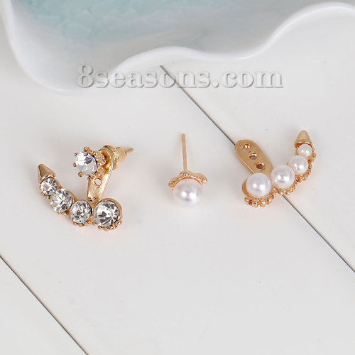 Picture of Copper Ear Jacket Studs Earrings Arrow Gold Plated White Acrylic Pearl Imitation Clear Rhinestone W/ Stoppers 8mm x7mm( 3/8" x 2/8") 5mm x5mm( 2/8" x 2/8"), Post/ Wire Size: (21 gauge), 1 Pair