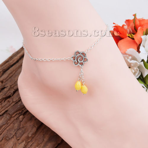 Picture of New Fashion Anklet Flower Connector Link Cable Chain Silver Plated With Yellow Beads 21cm(8 2/8") long, 1 Piece