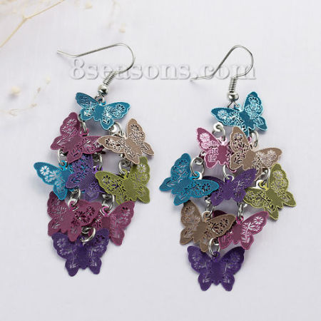 Picture of Brass Filigree Stamping Earrings Butterfly Multicolor Enamel 69mm(2 6/8") long, Post/ Wire Size: (21 gauge), 1 Pair