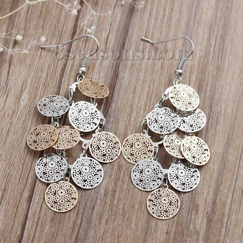 Picture of Brass Filigree Stamping Earrings Round Hollow Silver Tone & Gold Plated 73mm(2 7/8"), Post/ Wire Size: (21 gauge), 1 Pair                                                                                                                                     
