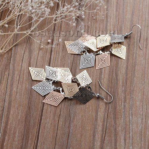 Picture of Brass Filigree Stamping Earrings Rhombus Hollow Silver Tone & Gold Plated 79mm(3 1/8"), Post/ Wire Size: (21 gauge), 1 Pair                                                                                                                                   