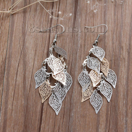 Picture of Brass Filigree Stamping Earrings Leaf Hollow Silver Tone & Gold Plated 80mm(3 1/8"), Post/ Wire Size: (21 gauge), 1 Pair