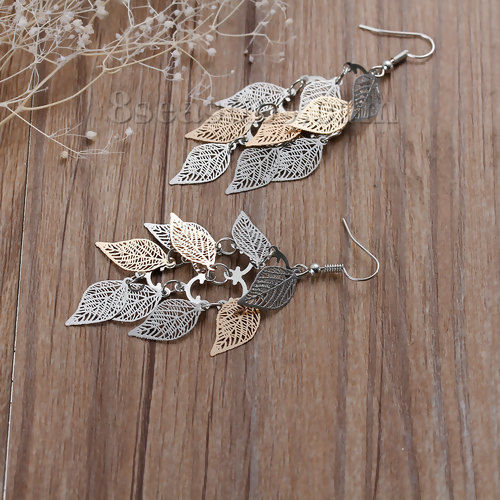 Picture of Brass Filigree Stamping Earrings Leaf Hollow Silver Tone & Gold Plated 80mm(3 1/8"), Post/ Wire Size: (21 gauge), 1 Pair                                                                                                                                      