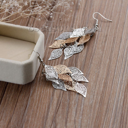 Picture of Brass Filigree Stamping Earrings Leaf Hollow Silver Tone & Gold Plated 80mm(3 1/8"), Post/ Wire Size: (21 gauge), 1 Pair                                                                                                                                      