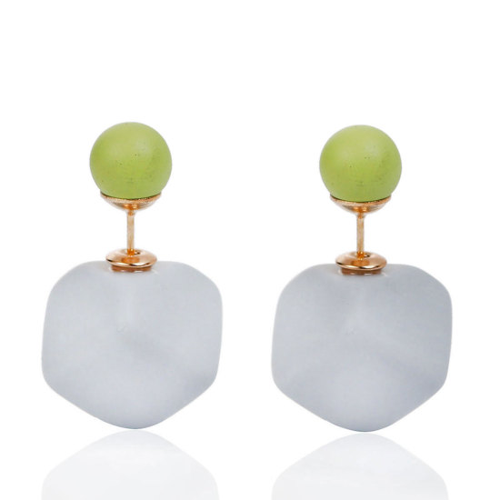 Picture of Acrylic Double Sided Ear Post Stud Earrings Cube Ball Light Green & Gray Rubberized 8mm( 3/8") Dia. 14mm x14mm( 4/8" x 4/8"), Post/ Wire Size: (21 gauge), 1 Pair