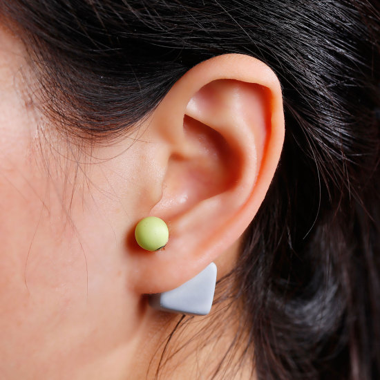 Picture of Acrylic Double Sided Ear Post Stud Earrings Cube Ball Light Green & Gray Rubberized 8mm( 3/8") Dia. 14mm x14mm( 4/8" x 4/8"), Post/ Wire Size: (21 gauge), 1 Pair