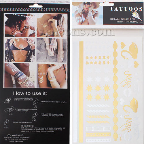 Picture of Removable Waterproof Metallic Temporary Tattoo Sticker Body Art Multicolor Mixed Pattern 19.5cm(7 5/8") x 14.2cm(5 5/8"), 1 Sheet