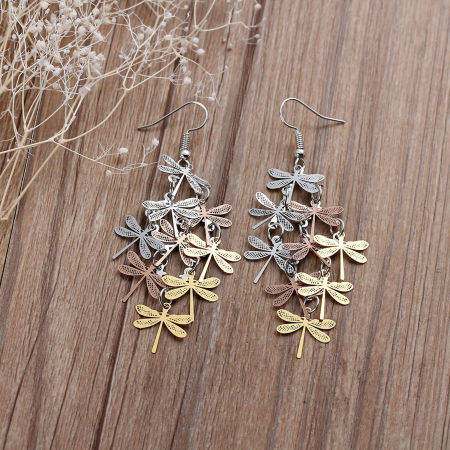 Picture of Brass Filigree Stamping Earrings Dragonfly Animal Silver Tone Gold Plated Rose Gold Hollow 7.6cm(3") long, Post/ Wire Size: (21 gauge), 1 Pair