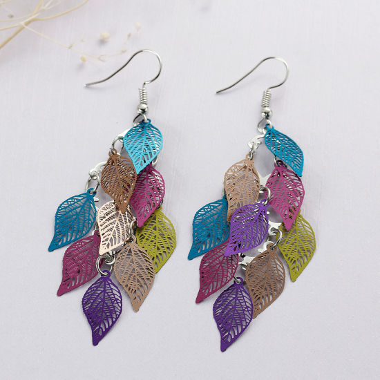 Picture of Brass Filigree Stamping Earrings Leaf Hollow Multicolor Enamel 81mm(3 2/8"), Post/ Wire Size: (21 gauge), 1 Pair                                                                                                                                              