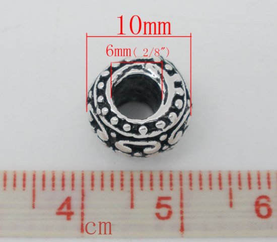 Immagine di 20 Pz Lega di Zinco Perline di Fascino con Foro Grande in Stile Europeo Argento Antico Tondo Intagliato 10mm x 8mm, Foro:Circa 6mm