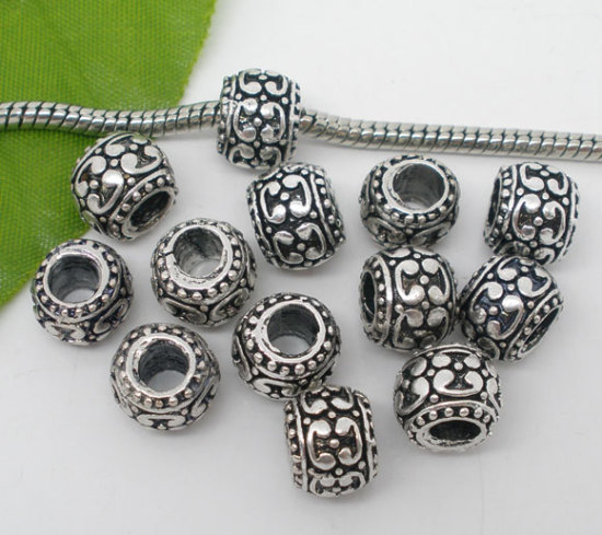 Immagine di 20 Pz Lega di Zinco Perline di Fascino con Foro Grande in Stile Europeo Argento Antico Tondo Intagliato 10mm x 8mm, Foro:Circa 6mm