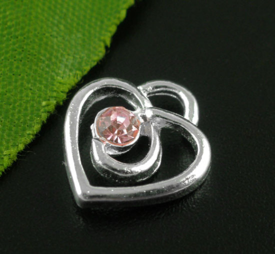 Picture of 20 Silver Plated Rhinestone Heart Charm Pendants 13x12mm