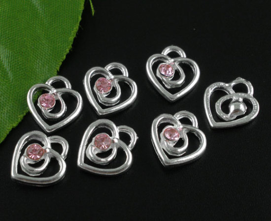 Picture of 20 Silver Plated Rhinestone Heart Charm Pendants 13x12mm