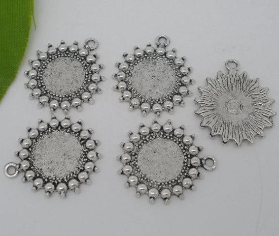 Image de 30 Pcs Breloques Supports à Cabochons en Alliage de Zinc Disque Rond Argent Vieilli (Convenable à 11mm Dia) 27mm x 24mm