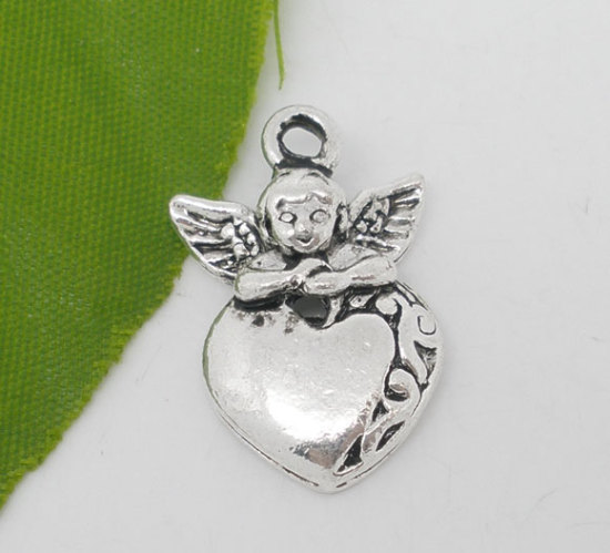 Picture of 20 Antique Silver Color Angel&Heart Charm Pendants 25x16mm