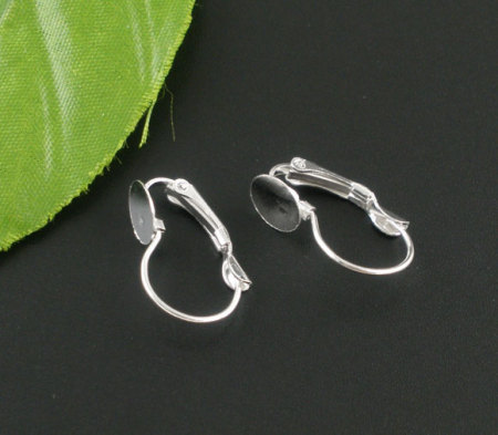 Picture of Brass Clip On Earring Cabochon Settings Round Silver Plated (Fits 8mm Dia.) 21mm( 7/8") x 14mm( 4/8"), Post/ Wire Size: (20 gauge), 50 PCs