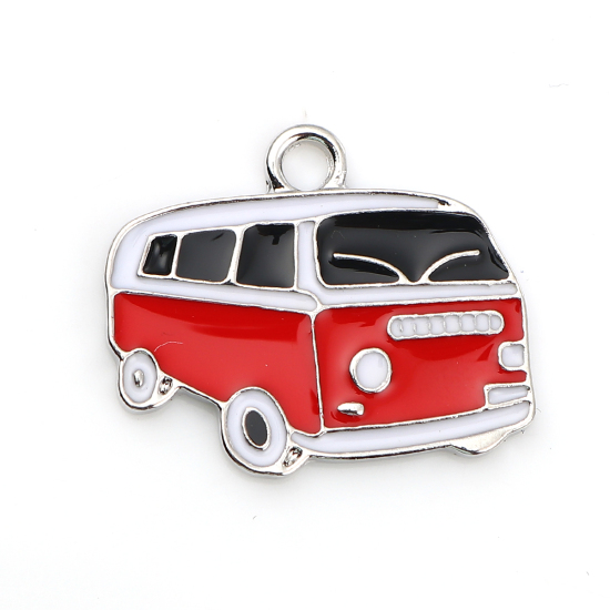 Bild von Zinklegierung Charm Anhänger Auto Silberfarbe Schwarz & Rot Emaille 24mm x 20mm, 10 Stücke