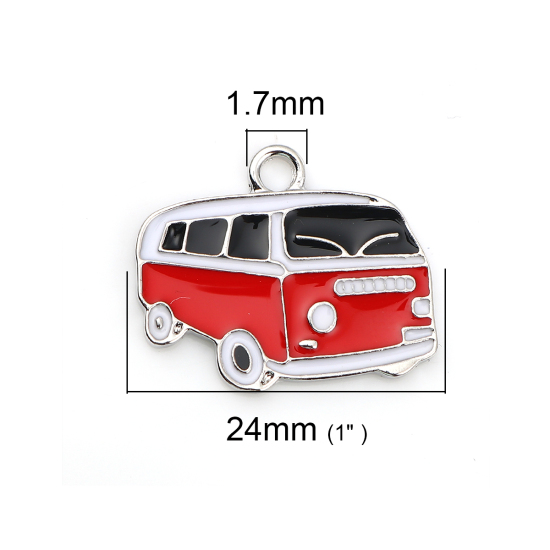 Bild von Zinklegierung Charm Anhänger Auto Silberfarbe Schwarz & Rot Emaille 24mm x 20mm, 10 Stücke