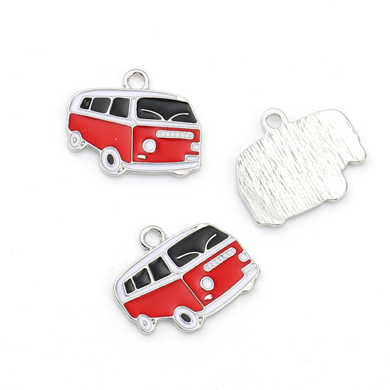Bild von Zinklegierung Charm Anhänger Auto Silberfarbe Schwarz & Rot Emaille 24mm x 20mm, 10 Stücke