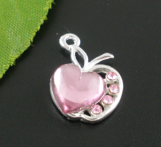 Picture of Zinc Based Alloy Charms Apple Fruit Silver Plated Pink Acrylic Rhinestone 20mm( 6/8") x 13mm( 4/8"), 10 PCs