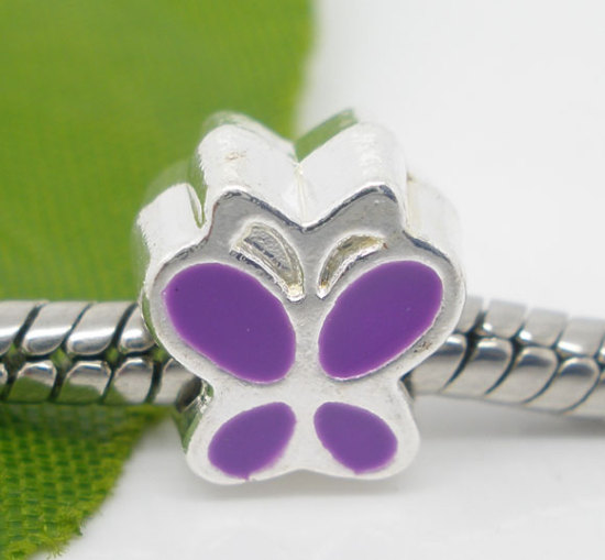 Picture of Zinc Metal Alloy European Style Large Hole Charm Beads Butterfly Silver Plated Purple Enamel About 10mm x 9mm, Hole: Approx 4.5mm, 10 PCs