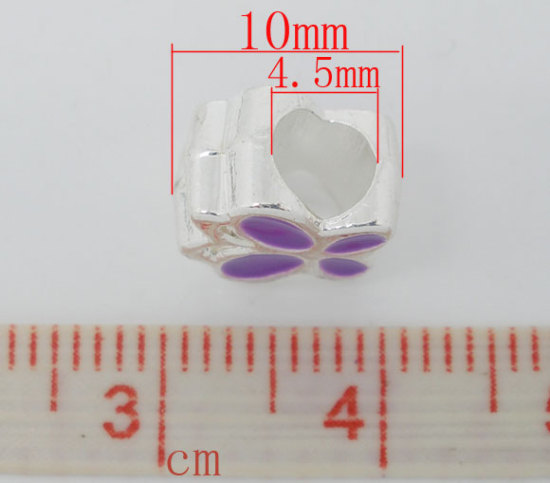 Bild von Zinklegierung European Stil Charm Großlochperlen Schmetterling Versilbert Schmetterling Geschnitzt Lila Emaille etwa 10mm x 9mm, Loch:Ca 4.5mm, 10 Stücke