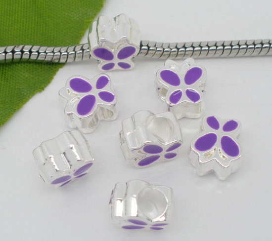 Bild von Zinklegierung European Stil Charm Großlochperlen Schmetterling Versilbert Schmetterling Geschnitzt Lila Emaille etwa 10mm x 9mm, Loch:Ca 4.5mm, 10 Stücke