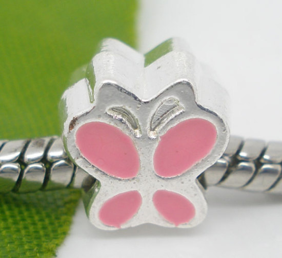 Picture of Zinc Metal Alloy European Style Large Hole Charm Beads Butterfly Silver Plated Pink Enamel About 10mm x 9mm, Hole: Approx 4.5mm, 10 PCs