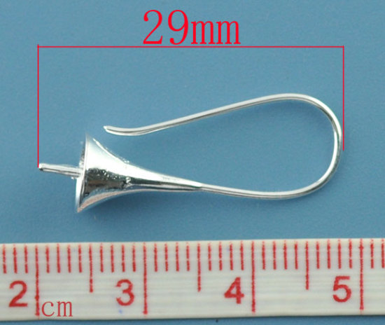 Picture of Brass Ear Wire Hooks Earring Findings Flower Silver Plated (Fit 8mm Beads) 26mm(1") x 12mm( 4/8"), Post/ Wire Size: (20 gauge), 10 PCs