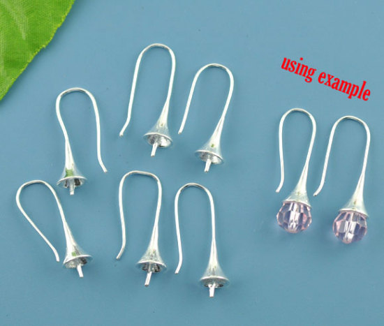 Picture of Brass Ear Wire Hooks Earring Findings Flower Silver Plated (Fit 8mm Beads) 26mm(1") x 12mm( 4/8"), Post/ Wire Size: (20 gauge), 10 PCs