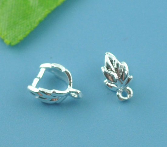 Picture of Brass Pendant Pinch Bails Leaf Clasps Silver Plated 9mm( 3/8") x 7mm( 2/8"), 30 PCs                                                                                                                                                                           