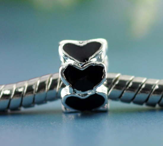Immagine di 2 Pz Lega di Zinco San Valentino Perline di Fascino con Foro Grande in Stile Europeo Argento Placcato Nero Tondo Cuore Smalto 8mm x 5mm, Foro:Circa 5mm