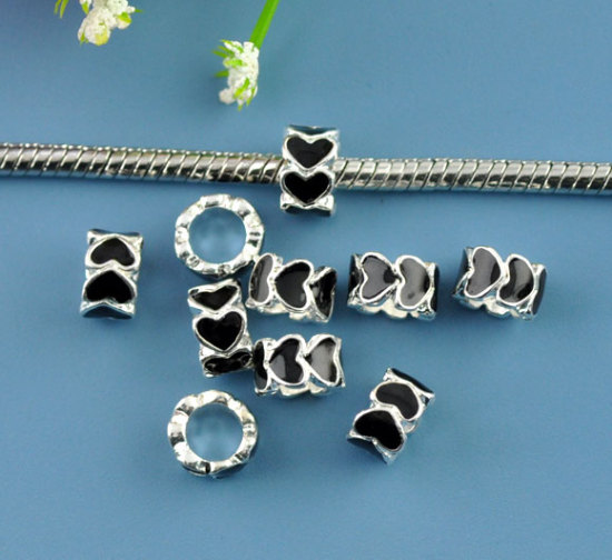 Immagine di 2 Pz Lega di Zinco San Valentino Perline di Fascino con Foro Grande in Stile Europeo Argento Placcato Nero Tondo Cuore Smalto 8mm x 5mm, Foro:Circa 5mm