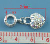 Picture of European Style Large Hole Charm Dangle Beads Heart Silver Plated AB Color Rhinestone 26mm x 10mm, 10 PCs