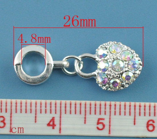 Изображение Подвески-Бусины 26mm x 10mm，“Сердце”，с Прозрачными AB Фианитами ，Посеребренные，Годные для пандора，Проданные 10 шт/уп