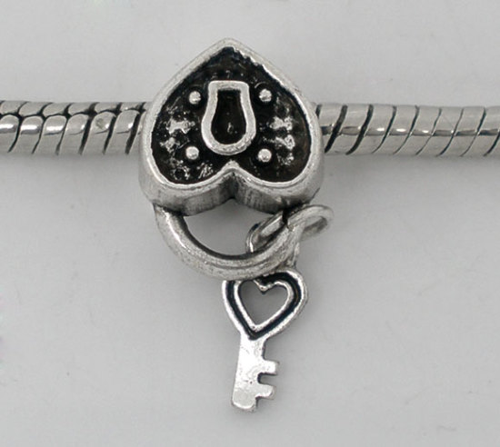 Immagine di 20 Pz Lega di Zinco San Valentino Perline di Fascino con Foro Grande in Stile Europeo Argento Antico Amore Serratura & Chiave 25mm x 10mm, Foro:Circa 4.8mm