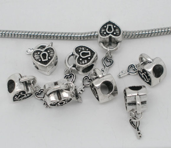 Immagine di 20 Pz Lega di Zinco San Valentino Perline di Fascino con Foro Grande in Stile Europeo Argento Antico Amore Serratura & Chiave 25mm x 10mm, Foro:Circa 4.8mm