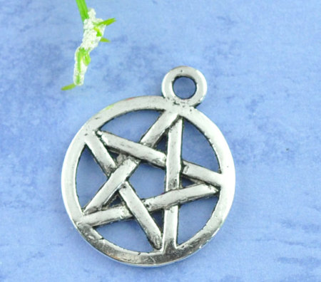 Imagen de Colgantes Aleación del Metal Del Zinc pentáculo Ronda,Estrellas de cinco puntos Plata Antigua Rhinestone 20.0mm x 17.0mm, 50 Unidades