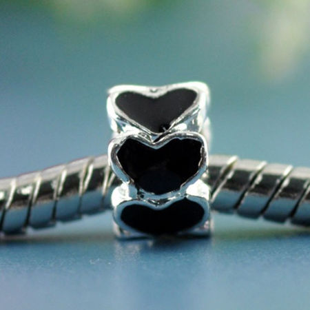 Image de 2 Pcs Perles à Gros Trou de Style Européen La Saint Valentin en Alliage de Zinc Argenté Noir Rond Cœur Émail 8mm x 5mm, Trou: Environ 5mm
