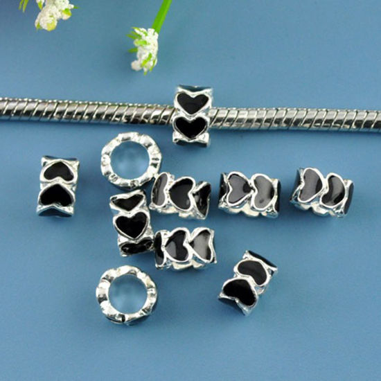 Immagine di 2 Pz Lega di Zinco San Valentino Perline di Fascino con Foro Grande in Stile Europeo Argento Placcato Nero Tondo Cuore Smalto 8mm x 5mm, Foro:Circa 5mm