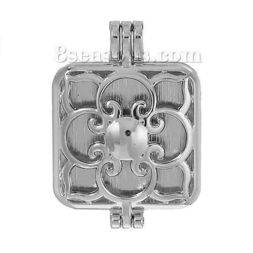 Picture of Zinc Based Alloy Aromatherapy Essential Oil Diffuser Locket Pendants Square Silver Tone Flower Carved Can Open (Fits 26mm x 26mm) 4.1cm x2.9cm(1 5/8" x1 1/8"), 1 Piece