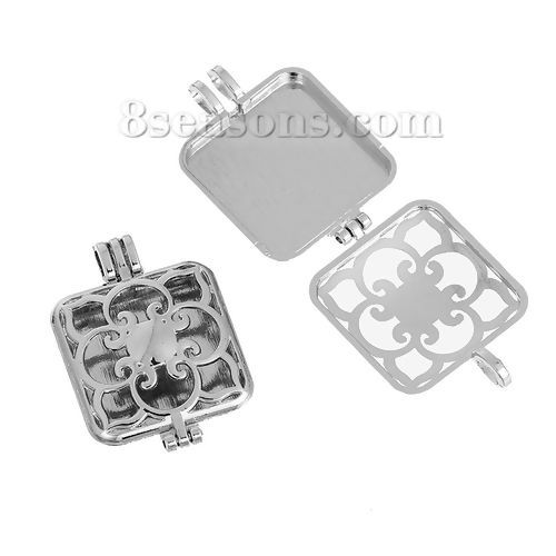 Picture of Zinc Based Alloy Aromatherapy Essential Oil Diffuser Locket Pendants Square Silver Tone Flower Carved Can Open (Fits 26mm x 26mm) 4.1cm x2.9cm(1 5/8" x1 1/8"), 1 Piece