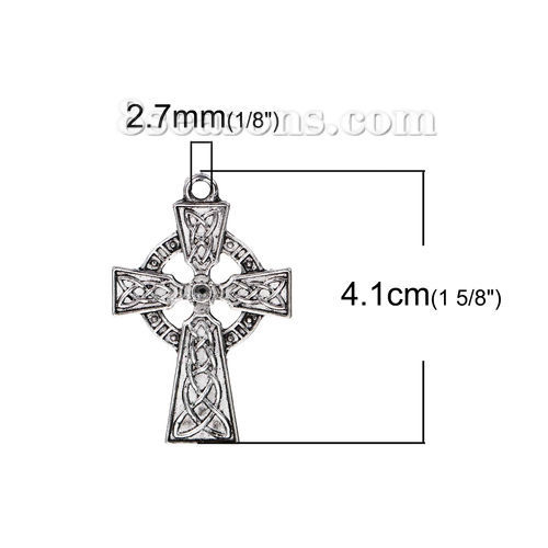 Picture of Zinc Based Alloy Easter Day Pendants Antique Silver Color Cross Celtic Knot (Can Hold ss10 Pointed Back Rhinestone) 3.9cm x 2.5cm, 5 PCs