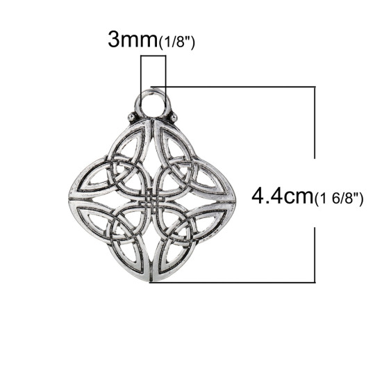 Bild von Zinklegierung Charm Anhänger Raute Antiksilber Keltisch Knoten Hohl 4cm x 3.4cm, 5 Stücke