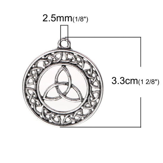 Bild von Zinklegierung Charm Anhänger Rund Antiksilber Keltisch Knoten Hohl 3.3cm x 2.9cm, 5 Stücke
